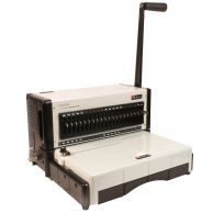The Akiles FlexiPunch-M Interchangeable Manual Binding Punch With Die is a heavy-duty punching machine featuring a long manual lever handle, an interchangeable die system, and a durable black-and-white design for versatile binding options, including comb,
