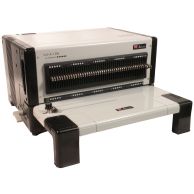 The Akiles FlexiPunch-E Interchangeable Electric Binding Punch With Die is a heavy-duty electric punching machine featuring a 4:1 coil die, fully disengageable pins, a durable black-and-white design, and a built-in margin depth control for precise punchin