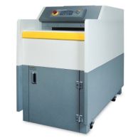 The Formax FD8806CC Industrial Conveyor Shredder - Cross Cut features a robust, heavy-duty design with a yellow safety bar and intuitive control panel.