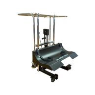 A front view of an "On-a-Roll Lifter" with a black cradle and a chrome support frame.