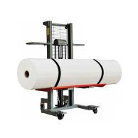 A Foster On-A-Roll Lifter Jumbo holds a large roll of white material, featuring a gray frame, lifting mechanism, and four caster wheels.