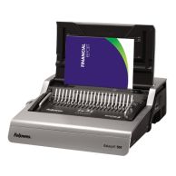 The Fellowes Galaxy E 500-Sheet Electric Comb Binding Machine is displayed with its open binding mechanism, showing a financial report being bound, featuring a durable metal comb opener and an integrated document measuring guide for precise binding.