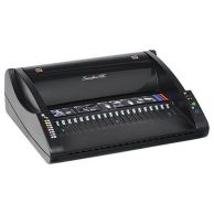 The GBC / Swingline CombBind C110e Plastic Comb Binding machine is a sleek, black electric binding system with a row of punching dies, an intuitive control panel, and instructional graphics for easy document binding.