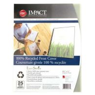 The packaging of GBC ECO Friendly Frost Recycled Poly Covers shows a 25-pack of durable, translucent covers made from 100% post-consumer waste, designed to protect and enhance bound documents.