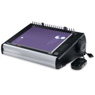 The GBC PB2600 Electric Comb Binding Machine is a high-capacity binding system with an automated electric punch and comb opener, featuring a sleek black and silver design, a foot pedal for hands-free operation, and a document alignment guide for precise b
