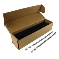 An open box containing a bundle of GBC Premium ColorCoil 6mm Navy Spiral Coils, with two individual coils placed outside the box to display their length and uniform spiral pattern.