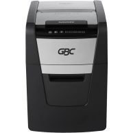GBC Stack and Shred 100X AutoFeed P-4 Cross Cut Commercial Shredder shown with a sleek black and silver body, labeled automatic feed slot, and intuitive control panel.