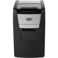 Front-facing view of the GBC Stack and Shred 150X AutoFeed P-4 Cross Cut Commercial Shredder showcasing its compact black and silver body with an automatic feed tray and control icons.