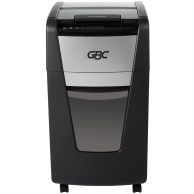Front-facing view of the GBC Stack and Shred 230X AutoFeed P-4 Cross Cut Commercial Shredder featuring a sleek black and silver design with a visible control panel and waste bin window.