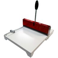 MBM GoCrease 3000 12.6" Manual Creaser & Perforating Machine shown with a red creasing head, manual lever, and adjustable paper guide on a flat work surface.