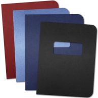 A collection of Embossed Grain Paper Report Covers with Windows in various colors, neatly layered to showcase the texture and design options available.