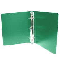 Green half size poly binder displayed in an open position, featuring a smooth finish and a sturdy three-ring mechanism in the center, designed for efficient organization of smaller documents, packaged as a case of 100.




