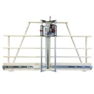 The Safety Speed H-Series Panel Saw is shown with a vertical frame, integrated guide tubes, and mounted circular saw for precise panel cutting.