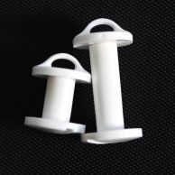 White Plastic Screw Posts with Loops in two different lengths are shown on a textured black surface, featuring slotted heads and integrated loops for hanging or tagging.