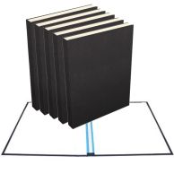 A stack of closed 8.5" x 11" Black Composition Portrait Fastback Hardcovers is displayed above an open cover, showing the interior spine channel lined with adhesive strips for binding.