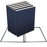 A set of 8.5" x 11" Dark Blue Composition Portrait Fastback Hardcovers stacked together with a rectangular frame in the background.