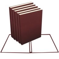 A stack of 8.5" x 11" Maroon Composition Portrait Fastback Hardcovers placed next to matching endleaves.
