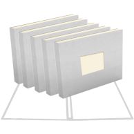 Five 8.5" x 11" White Composition Landscape Fastback Hardcovers - "B" Spine Size with Window are lined up in a row, each featuring a smooth white surface and a centered rectangular cut-out on the front cover.