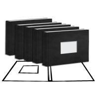 A set of 8.5" x 11" Black Leather Landscape Fastback Hardcovers - "A" Spine Size with Window is shown standing upright, each featuring a centered cut-out window on the front cover.