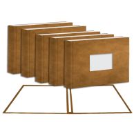 A set of 8.5" x 11" Tan Leather Landscape Fastback Hardcovers - "B" Spine Size with Window is arranged in a row, each featuring a soft leather-like finish and a centered rectangular window on the front cover.