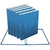 Six 8.5" x 11" Bright Blue Suede Portrait Fastback Hardcovers are stacked together, with a clean and smooth finish on the spine and front cover.