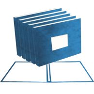 Five 8.5" x 11" Bright Blue Suede Landscape Fastback Hardcovers with Window are stacked, showing their textured surface and square openings.