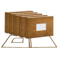 A set of 8.5" x 11" Tan Suede Landscape Fastback Hardcovers - "B" Spine Size with Window is displayed in a staggered arrangement, each featuring a soft textured finish and a rectangular front window for easy personalization.