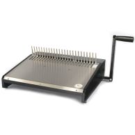 A Rhin-O-Tuff® ONYX HD4470 14" Manual Plastic Comb Opener with a sturdy black metal frame, a stainless steel work surface, evenly spaced metal opener fingers, and a right-side manual crank handle for opening plastic comb bindings.