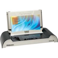 The Fellowes Helios 30 300-Sheet Thermal Binding Machine is shown in operation, holding a bound document upright with a sleek black and silver design, featuring an illuminated control panel for user-friendly operation.