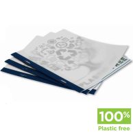 Dark Blue Eco-Friendly Staple Report Covers featuring a clear front cover with a printed recycling design, dark blue spine with metal staples, and a 100% plastic-free label in the corner.