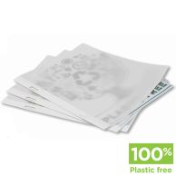 White Eco-Friendly Staple Report Covers featuring a translucent front with a white spine, neatly securing printed documents using staples, and labeled as 100% plastic free.
