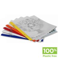 Eco-Friendly Staple Report Covers in assorted colors including yellow, orange, red, white, and blue, stacked together with translucent fronts and metal staples along the spine, labeled as 100% plastic free.
