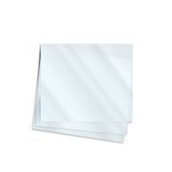 A stack of clear plastic sheets slightly fanned out, representing 3" x 4" Ticket Holder/Index Card Gloss Pouches designed for laminating cards or small inserts.
