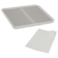 An 8.5" x 11" Portrait Fastback Image Ready Hardcover is displayed open to show its inner panels and spine channel, alongside a matching adhesive liner sheet ready for custom cover application.