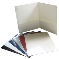 A variety of Gloss Pocket Folders in multiple colors are displayed, featuring a shiny finish and interior pockets for organizing and holding documents securely.