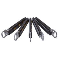 Multiple dies for the Tornado Autopunch EX Punching Machine are displayed in a fanned-out arrangement, showing the metal punch pins, spring mechanisms, and labeled handles for easy identification and tool changes.