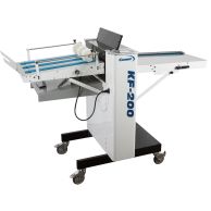The Count KF-200 Knife Folding Machine showing the feeder rollers, conveyor belts, and compact mobile frame on locking casters.