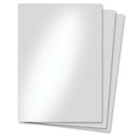 A stack of three blank, white rectangular papers with slightly rounded corners, fanned out.