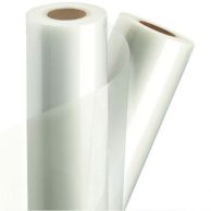 Two rolls of 3 Mil Gloss Gold-Lam Low-Melt Wide Format Laminating Films are displayed with one roll slightly unspooled to reveal the shiny, transparent film surface and brown cardboard cores.