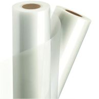 Two large rolls of 3 Mil Standard Thermal Laminating Film are displayed upright, with one roll slightly unspooled to reveal the clear, glossy film surface and brown cardboard cores.