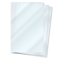 Three stacked clear sheets are shown with rounded corners, representing 9" x 14 ½" Legal Laminating Pouches commonly used for preserving legal-size documents.