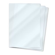 A small stack of clear 9" x 11 ½" Letter Laminating Pouches is shown slightly fanned out, with glossy surfaces reflecting light.