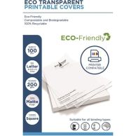 A product sheet displays Eco Transparent Printable Covers as eco-friendly, matte-frosted, printer-compatible sheets sized 8.5" x 11" with square corners, suitable for various binding styles.