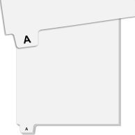 A front view of a sheet with A - "Z" uncollated Avery style bottom letter tabs, arranged sequentially from A to Z along the bottom edge, with tabs overlapping slightly at the lower left corner.