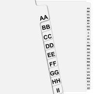This diagram illustrates the two-side printing sequence for a series of labeled tabs, showing front and back orientations with paired alphabetic labels.