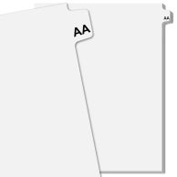 A front and back view of a sheet showing the AA - "ZZ" uncollated Avery style side double letter tabs, with the front displaying the first 13 pairs and the back showing the last 13 pairs, arranged sequentially along the right edge.