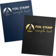 Custom Linen Paper Report Covers in navy and black, each with foil-stamped sample text that adds a refined and professional touch.