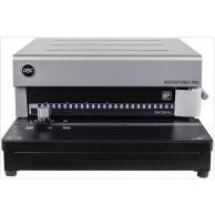 The GBC Magnapunch Pro Interchangeable Die Binding Punch is shown from the front with its die slot, alignment guides, control knob, and branding visible on a sturdy black and silver housing.