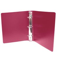 Maroon half size poly binder displayed in an open position, showcasing a shiny three-ring mechanism and smooth plastic covers, designed for organized storage of smaller documents, highlighting its durable construction as part of a case of 100.
