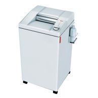 MBM Destroyit 3105 Cross Cut P-4 Large Office Shredder shown with a wide feed opening, built-in control panel, and external automatic oiler mounted on the side.
